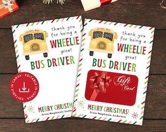 May include: Two Christmas cards with a yellow school bus graphic and the text "thank you for being a WHEELIE great BUS DRIVER." One card has a gift card design with a red bow. The cards are decorated with red and green stripes and snowflakes.