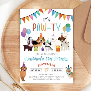 May include: A colorful birthday party invitation with a paw print theme. The invitation features a group of cartoon dogs wearing party hats and holding gifts. The text on the invitation reads "Let's Paw-ty" and "Jonathan's 4th Birthday".