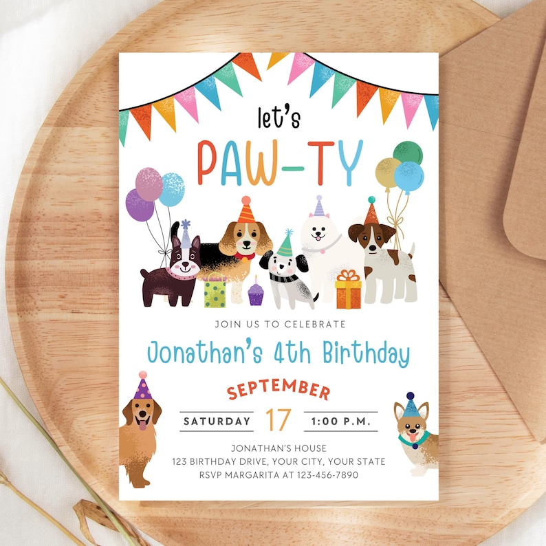 May include: A colorful birthday party invitation with a paw print theme. The invitation features a group of cartoon dogs wearing party hats and holding gifts. The text on the invitation reads "Let's Paw-ty" and "Jonathan's 4th Birthday".