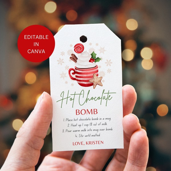 Hot Cocoa Bombs Tags Printable, Editable Christmas Hot Chocolate Bomb Instructions, Custom Xmas Holiday Digital Gift Labels Template