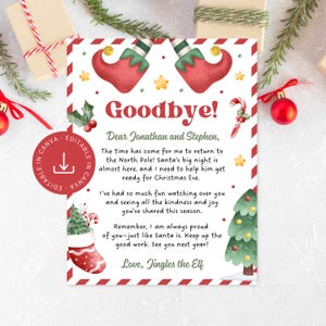 Könnte beinhalten: Ein rechteckiger Brief im Weihnachtsdesign mit rot-weiß gestreiftem Rand. Er zeigt Aquarellillustrationen von Elfenschuhen, einer Zuckerstange, einem Weihnachtsstrumpf und einem Tannenbaum. Der Text lautet: Goodbye! Dear Jonathan and Stephen, The time has come for me to return to the North Pole! Santa's big night is almost here, and I need to help him get ready for Christmas Eve. I've had so much fun watching over you and seeing all the kindness and joy you've shared this season. Remember, I am always proud of you—just like Santa is. Keep up the good work. See you next year! Love, Jingles the Elf.