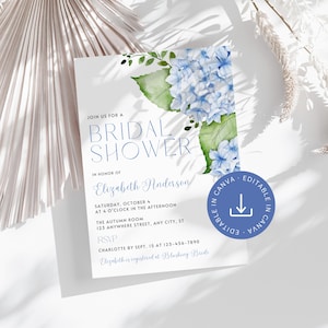 Blue Hydrangea Bridal Shower Invitation Editable, Printable Wedding Shower Invite Template, Floral Bridal Brunch Instant Digital Download