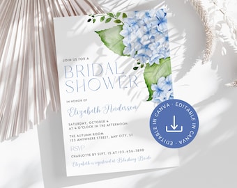 Blue Hydrangea Bridal Shower Invitation Editable, Printable Wedding Shower Invite Template, Floral Bridal Brunch Instant Digital Download
