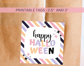 Etiqueta imprimible para galletas de Halloween en tonos pastel, rosa y morado, descargable, para regalar o regalar dulces, ideal como recuerdo de fiesta infantil, descarga digital instantánea.