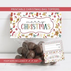 Merry Christmas Bag Toppers Printable, Holiday Cookie Treats Candy Toppers, Class Gift Xmas Goodie Bag Party Favor Instant Digital Download