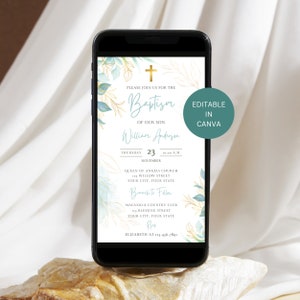 Convite de Batismo Menino Digital, Convite de Batismo de Bebê Editável Evite, Convite de Greenery Católico, Bautizo Invitaciones E-vite Template