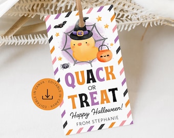 May include: A rectangular Halloween gift tag featuring a yellow duckling wearing a witch hat, a spider web, a small pumpkin bucket, and the text QUACK OR TREAT, Happy Halloween, and FROM STEPHANIE, with diagonal purple, orange, and black stripes.