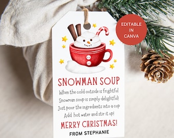Snowman Soup Tag Printable, Editable Christmas Homemade Hot Chocolate Gift Label, Holiday Xmas Cocoa Instant Digital Download Template