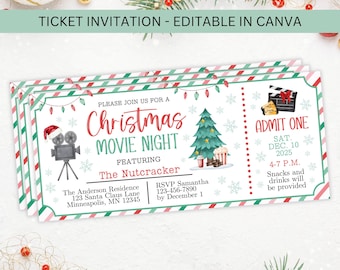 May include: A Christmas movie night ticket invitation featuring a red and green striped border, a vintage film camera with a Santa hat, a decorated Christmas tree, and a movie clapperboard. The text includes event details and date information.