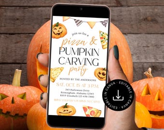 May include: A smartphone screen shows a Halloween party invitation with pumpkins and pizza illustrations. The text reads "pizza & pumpkin carving party," hosted by The Andersons on October 15th at 3 P.M. The phone is held in front of carved pumpkins, with a wooden background.