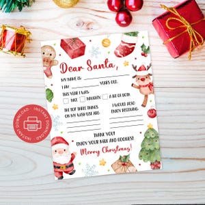 Carta a Papá Noel imprimible, Carta para niños "Querido Papá Noel", Lista de deseos navideños del Polo Norte, Descarga digital instantánea en PDF