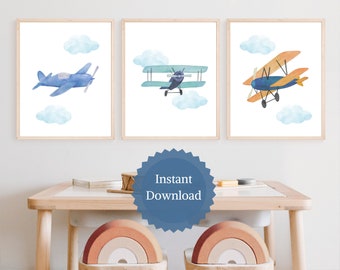 Plane Nursery Prints, Kids Airplane Wall Art, Boys Airplane Decor, Aviation Nursery Decor, Vintage Airplane Nursery Decor, Airplane Theme