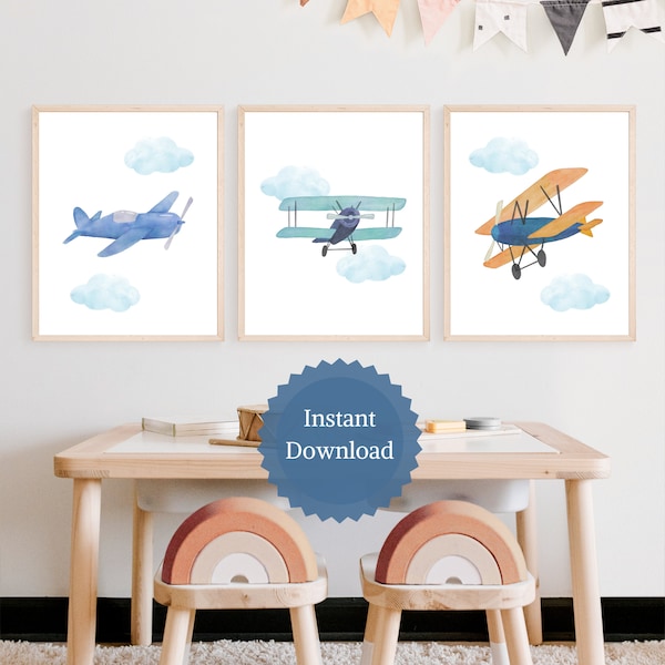Plane Nursery Prints, Kids Airplane Wall Art, Boys Airplane Decor, Aviation Nursery Decor, Vintage Airplane Nursery Decor, Airplane Theme