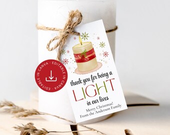 Christmas Candle Editable Gift Tag, Teacher Holiday Printable Favor Label, Neighbor Staff Appreciation Thank You (Instant Digital Download)