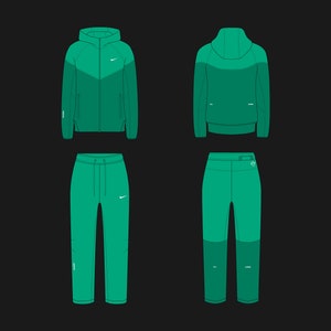 May include: A green hooded tracksuit with a white swoosh logo on the jacket and pants. The jacket has a zipper closure and the pants have a drawstring waist.
