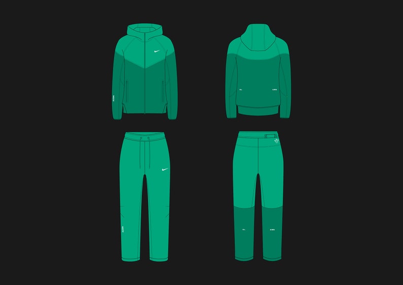 May include: A green hooded tracksuit with a white swoosh logo on the jacket and pants. The jacket has a zipper closure and the pants have a drawstring waist.