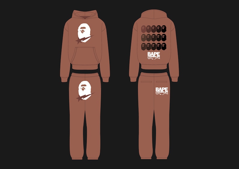 May include: Brown hoodie and sweatpants set. The hoodie features a white graphic of a cartoon ape head with a lightning bolt. The sweatpants also have the ape head graphic. The back of the hoodie has multiple ape head graphics and the text "BAPE".