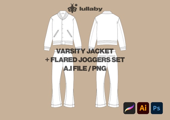 Streetwear Varsity Jacket / Flared Joggers Pack Vector Mockup Illustrator  Procreate PNG Clothing Custom Svg Design Sketch Tech Pack Download 