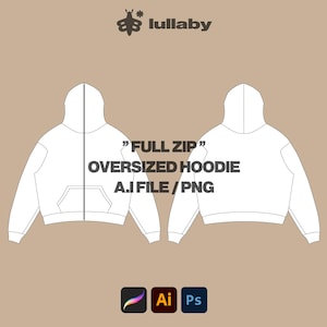 Streetwear Vector Full Zip Mockup Up Hoodie Template Sweatshirt Mockup Vector Tech Pack Illustrator Template Procreate Mockup Clothing Flat