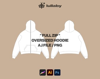 Streetwear Vector Full Zip Mockup Up Hoodie Template Sweatshirt Mockup Vector Tech Pack Illustrator Template Procreate Mockup Clothing Flat