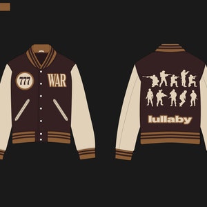 Peut inclure: Une veste de baseball marron avec des manches cr&egrave;me. Le devant de la veste a un cercle marron avec le nombre 777 et le mot "WAR" en lettres marrons. Le dos de la veste a un graphique marron de soldats et le mot "lullaby" en lettres marrons.