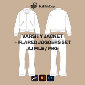 Streetwear Varsity Jacket / Flared Joggers Pack Vector Mockup Illustrator Procreate PNG Clothing Custom svg Design Sketch Tech Pack Download