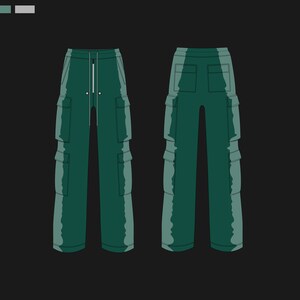May include: Illustration of green cargo pants with multiple pockets and a drawstring waist. The pants are depicted from the front and back views, showcasing the design details. The color palette includes shades of green and a black background.