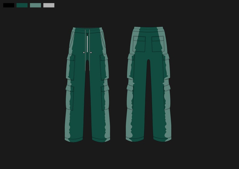 May include: Illustration of green cargo pants with multiple pockets and a drawstring waist. The pants are depicted from the front and back views, showcasing the design details. The color palette includes shades of green and a black background.