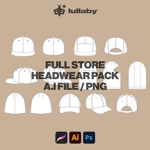 Full Streetwear Fitted Cap Template Beanie Vector Tech Pack Template Bundle Illustrator Template Procreate Mockup Clothing Design Flat draw