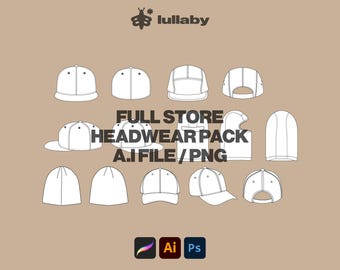 Full Streetwear Fitted Cap Template Beanie Vector Tech Pack Template Bundle Illustrator Template Procreate Mockup Clothing Design Flat draw