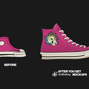 May include: A pair of magenta high-top sneakers with white laces and soles. One shoe features a skull graphic with green and blue accents. The text "BEFORE" and "AFTER YOU GET lullaby MOCKUPS" are also visible.