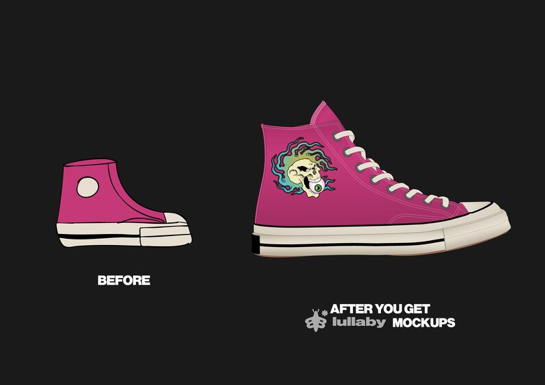 May include: A pair of magenta high-top sneakers with white laces and soles. One shoe features a skull graphic with green and blue accents. The text "BEFORE" and "AFTER YOU GET lullaby MOCKUPS" are also visible.