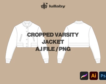 Vector Cropped Varsity Jacket Template Jacket Mockup Illustrator Template Procreate Clothing Mockup flat Drawing Vector Tech Pack Ai Blank