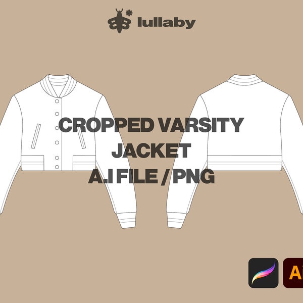 Vector Cropped Varsity Jacket Template Jacket Mockup Illustrator Template Procreate Clothing Mockup flat Drawing Vector Tech Pack Ai Blank