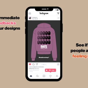 May include: A smartphone displays an Instagram post featuring a purple hoodie with a graphic design. The hoodie has multiple black face silhouettes and the text "BAPE TOKYO JAPAN". Text on the screen reads "Should we drop?"