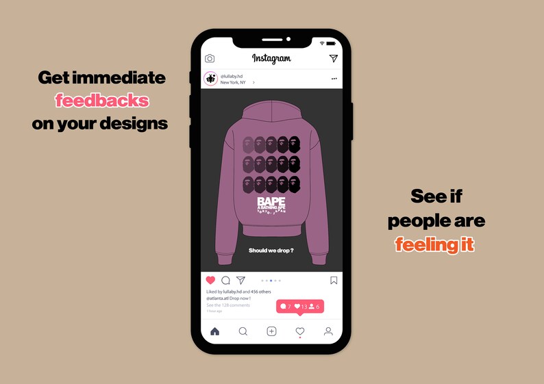 May include: A smartphone displays an Instagram post featuring a purple hoodie with a graphic design. The hoodie has multiple black face silhouettes and the text "BAPE TOKYO JAPAN". Text on the screen reads "Should we drop?"