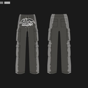 May include: Dark gray cargo pants with multiple pockets on the legs and back. The front of the pants features a white graphic design with the word "SUISSAH" in a stylized font. The pants have a drawstring waist and a relaxed fit.