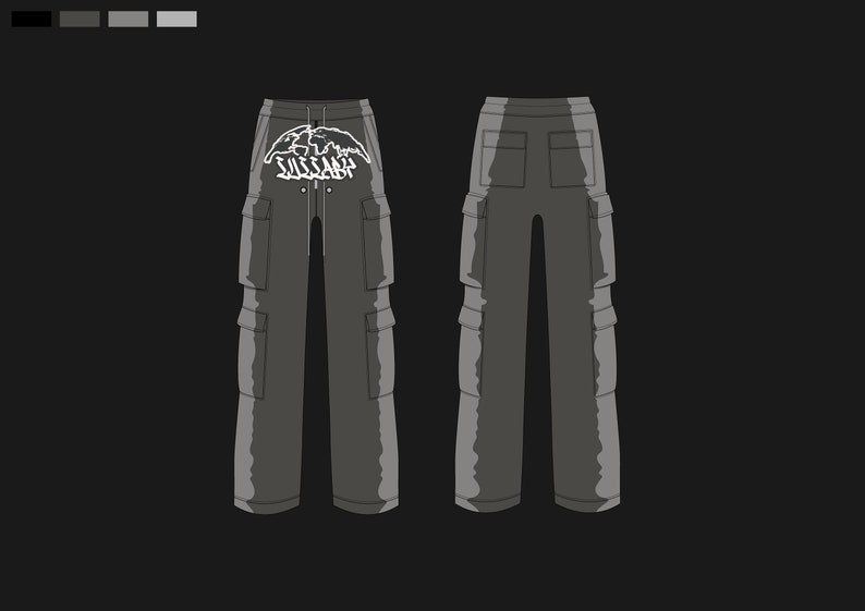 May include: Dark gray cargo pants with multiple pockets on the legs and back. The front of the pants features a white graphic design with the word "SUISSAH" in a stylized font. The pants have a drawstring waist and a relaxed fit.