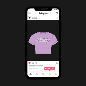Puede incluir: Una captura de pantalla de una publicaci&oacute;n de Instagram que muestra un top corto morado con la palabra "Lullaby" impresa en &eacute;l. La publicaci&oacute;n tiene 7 me gusta y 6 comentarios.