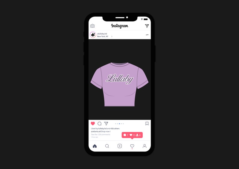Puede incluir: Una captura de pantalla de una publicaci&oacute;n de Instagram que muestra un top corto morado con la palabra "Lullaby" impresa en &eacute;l. La publicaci&oacute;n tiene 7 me gusta y 6 comentarios.
