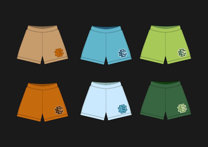 Puede incluir: Seis pares de pantalones cortos en diferentes colores: marr&oacute;n claro, azul claro, verde claro, naranja, azul claro y verde oscuro. Cada par tiene un logotipo en blanco y negro en la pierna derecha.