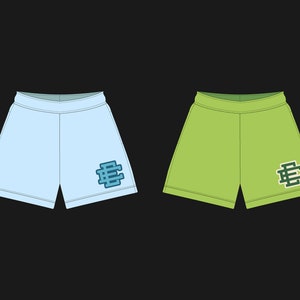 Puede incluir: Dos pares de pantalones cortos deportivos, uno azul claro y otro verde, con un logotipo estilizado de la letra "E" en la pierna derecha.