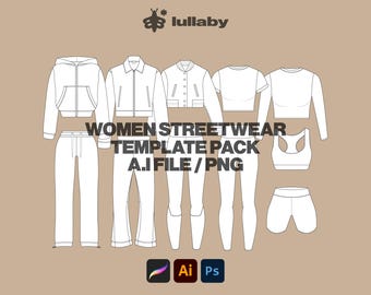 Women Streetwear Vector Tech Pack Bundle Illustrator Template Procreate Mockup Flat Sketch Y2K Template Flared Pants Template Varsity Mockup