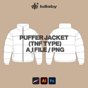 Streetwear Puffer Jacket (TNF) Mockup Vector Adobe Illustrator, Procreate, PNG, Digital Clothing Template Design Sketch Tech Pack - Download