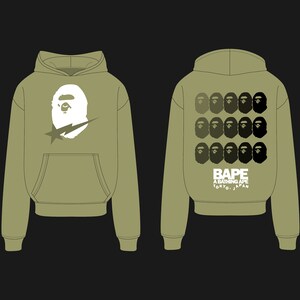 May include: Olive green hoodie featuring a white ape head graphic with a lightning bolt on the front. The back displays multiple ape head silhouettes and the text "BAPE A BATHING APE TOKYO, JAPAN" in white.