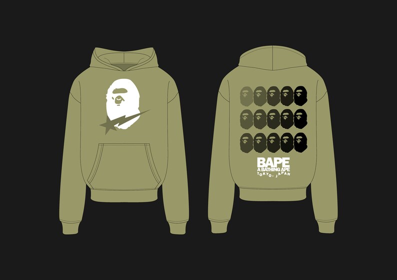 May include: Olive green hoodie featuring a white ape head graphic with a lightning bolt on the front. The back displays multiple ape head silhouettes and the text "BAPE A BATHING APE TOKYO, JAPAN" in white.