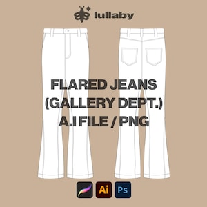 Streetwear Flared Jeans Mockup Vector Adobe Illustrator, Procreate, PNG, Template Clothing Blank Design SVG Sketch Tech Pack - Download