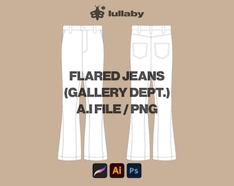 Streetwear Flared Jeans Mockup Vector Adobe Illustrator, Procreate, PNG, Template Clothing Blank Design SVG Sketch Tech Pack - Download