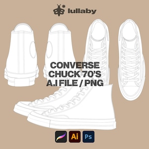 May include: Line drawing of Converse Chuck 70's high-top sneakers in white, with multiple views. The image includes the text "CONVERSE CHUCK 70'S A.I FILE / PNG" and icons for design software.
