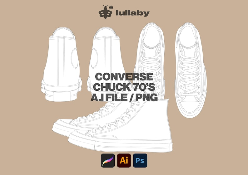 May include: Line drawing of Converse Chuck 70's high-top sneakers in white, with multiple views. The image includes the text "CONVERSE CHUCK 70'S A.I FILE / PNG" and icons for design software.